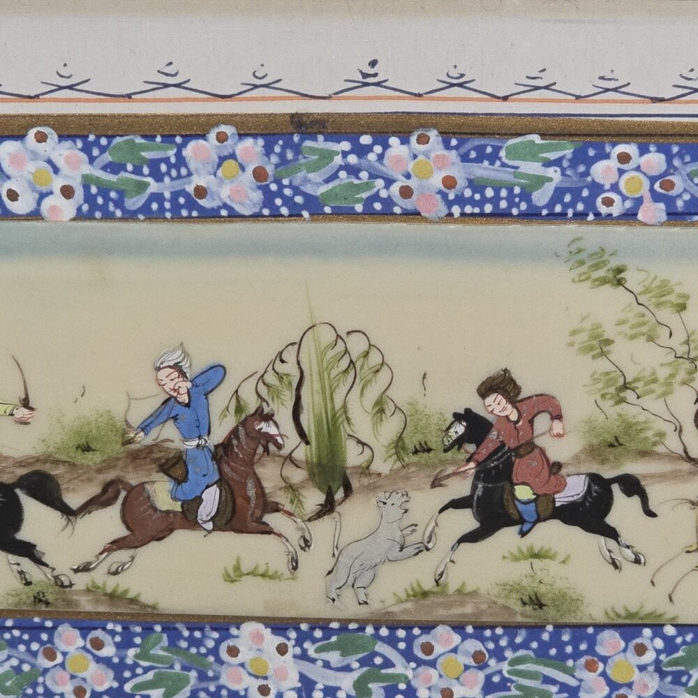 Vintage Persian Miniature Painting of Polo Scene In Khatam Frame - Picture 3 of 11